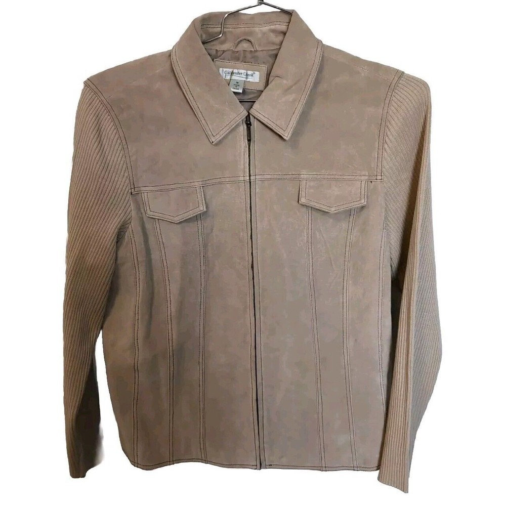 Coldwater Creek Women's Tan Leather Jacket With Knit Sleeves and Back Size 16